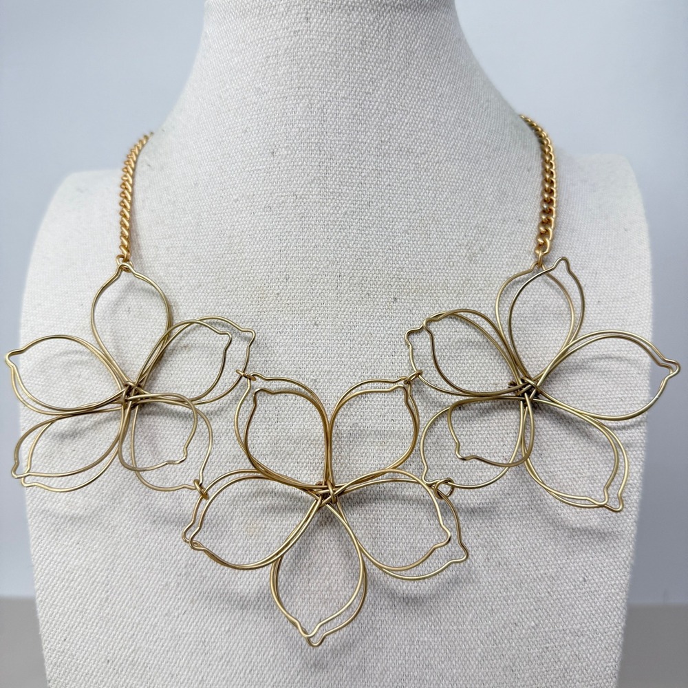Wire Flower Statement Necklace Gold Tone‎ 3D Bib Adjustable